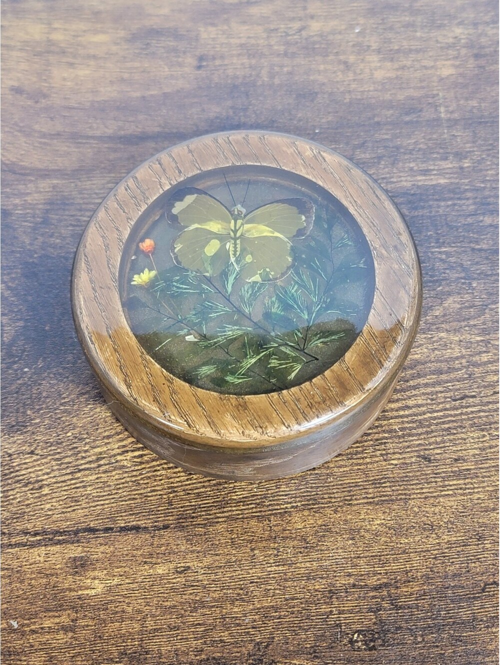 Round Wooden Trinket Box Butterfly Design In The Cover Some Scratching On Edges